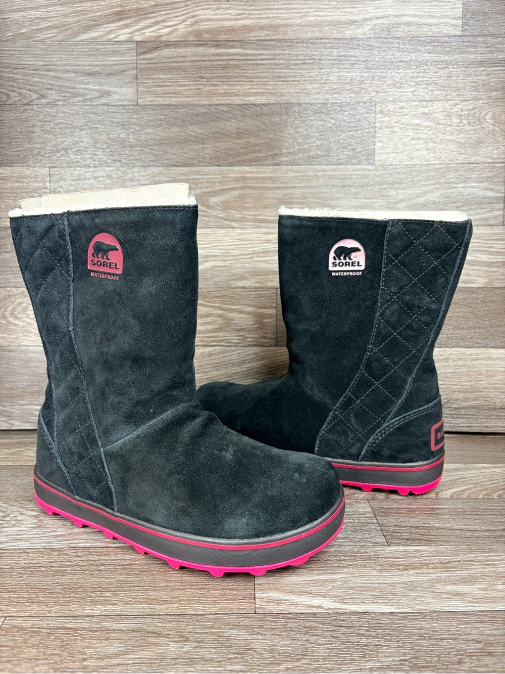 Sorel Glacy Black Suede Waterproof Winter Boots Pink Trim NL1975 Women’s Sz 10